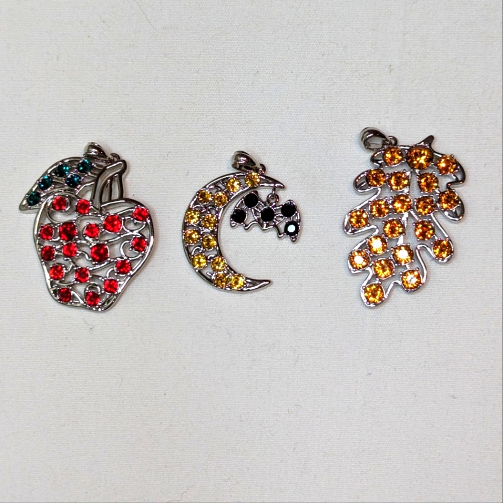 Set of 3 Crystal Pendants - Apple, Moon/Bat & Leaf